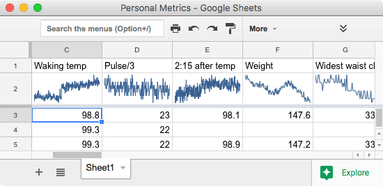 Screen shot of a Google Sheet in a Fluid app container with personal metrics in it.